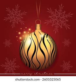 A radiant gold Christmas bauble featuring elegant stripes on a vibrant red background.