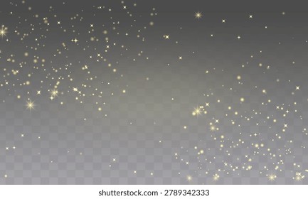 Radiant gold dust particles and soft bokeh lights create a sparkling luxury overlay on a transparent background. Elegant vector glitter texture ideal for festive, premium, and celebratory designs.