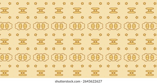 Padrão sem emenda bege dourado radiante com símbolos do zodíaco Gemini, estrelas e nuvens. Uma escolha luxuosa para projetos ou planos de fundo inspirados em astrologia.