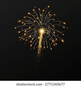 A radiant golden firework burst explodes against a dark transparent background, sending cascading spark trails and glowing points that evoke celebration, festivity, excitement, and nighttime spectacle.