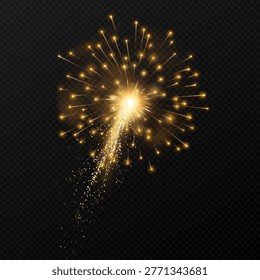 A radiant golden firework burst with a trailing shower of sparks on a transparent background, ideal for celebrations, party invites, festive graphics, New Year and holiday-themed design projects.