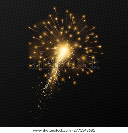 A radiant golden firework burst with a trailing shower of sparks on a transparent background, ideal for celebrations, party invites, festive graphics, New Year and holiday-themed design projects.