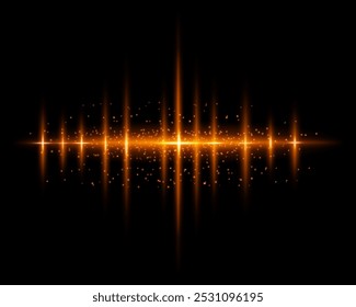 Radiant golden glowing light with sparkling particles and beams. Glittering particles of fairy dust. Magic concept. Highlight reflection. Abstract festive Christmas background. Space background.
