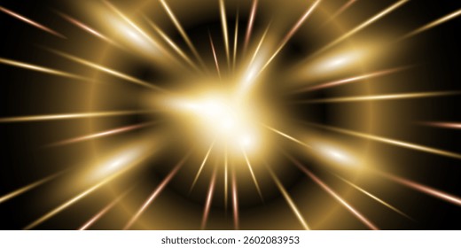 A radiant golden light burst effect with glowing rays extending outward on a dark background. Ideal for cosmic themes, energy concepts, sci-fi designs, and festive decorations.
