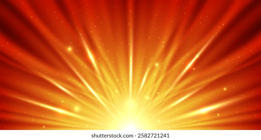 Radiant Golden Light Rays with Glowing Particles with glitter effect on red Background