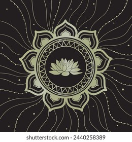 Mandala dorada radiante con un loto sereno en su corazón. Ideal para espacios de meditación y yoga. Equilibrio y tranquilidad en su geometría sagrada. Ilustración vectorial sobre un fondo negro elegante.