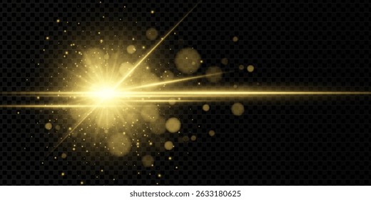 Radiant golden sunlight flare with glowing beam and magic sparkle. Abstract aura with starburst and bright shine. Transparent sky inspired background for festive or energy themes.