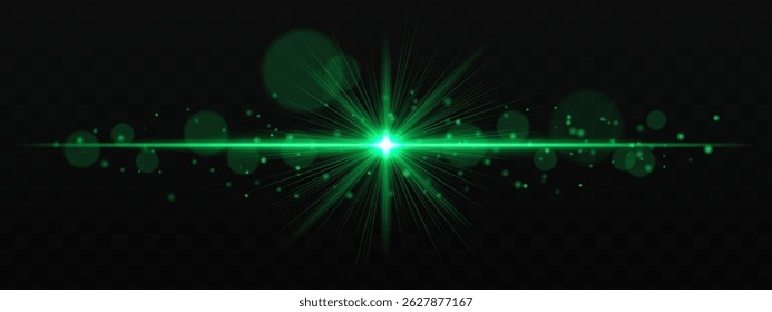 Radiant green burst with glowing star flare and soft bokeh particles on transparent dark background. Perfect for light effects, overlays, and design highlights