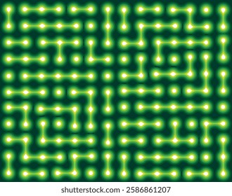 Radiant Green Tech Grid. Digital Pattern with Pulsing Neural Pathways. Bright Green Neon Maze Circuit Pattern