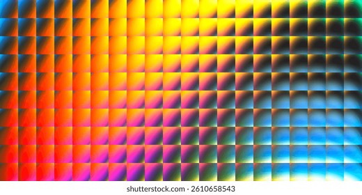 Radiant grid of abstract glass tiles. Vibrant glass tile pattern glowing with bold sunset gradient. Digital surface with vivid color flow and geometric rhythm. Futuristic colorful light matrix. Vector