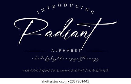 Alfabeto vector dibujado a mano radiante. Tipo de letra moderno del guión de la firma de monolina. Tipo de letra de firma elegante. Mejor Alfabeto Hermosa caligrafía Firma Letra tipográfica manuscrita