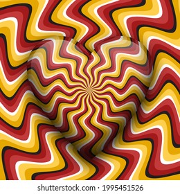 Radiant heart moving optical illusion vector abstraction. Yellow red curved striped patterned spinning heart.