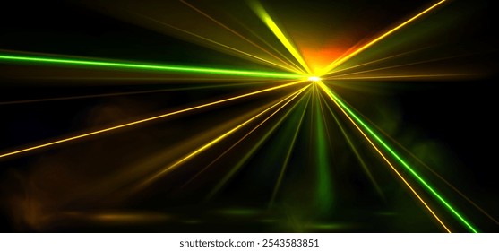 Feixes de laser radiantes convergem no ponto central, criando uma explosão espetacular na cor da luz amarela e verde para eventos de entretenimento em palco de concertos ou casas noturnas. Raios luminosos formando padrão estelar dinâmico