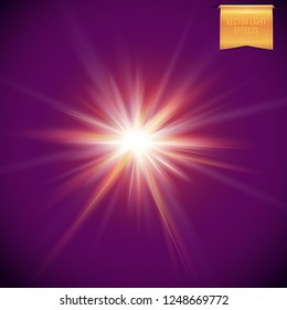 Radiant light beams, flare light effects vector illustration on dark purple background. Realistic, bright and glowing sun, star burst.