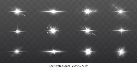 radiant light burst with sparkling effects, featuring glowing flares, lens explosions, glittering lines, sun flashes, and star sparks. A bright abstract lighting effect with a white glow.