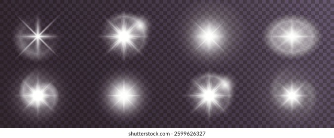 radiant light burst with sparkling effects, featuring glowing flares, lens explosions, glittering lines, sun flashes, and star sparks. A bright abstract lighting effect with a white glow.