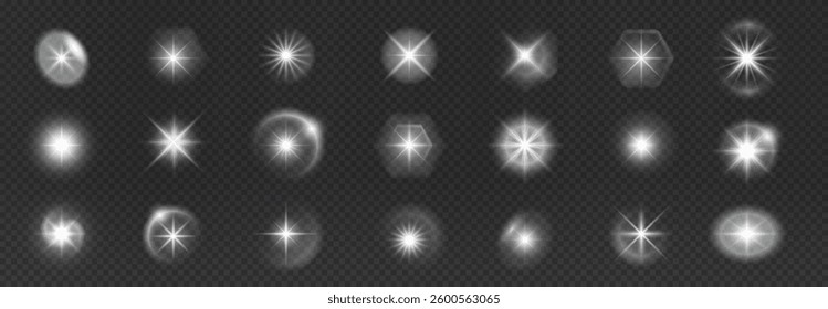 radiant light burst with sparkling effects, featuring glowing flares, lens explosions, glittering lines, sun flashes, and star sparks. A bright abstract lighting effect with a white glow.