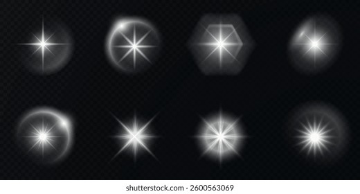 radiant light burst with sparkling effects, featuring glowing flares, lens explosions, glittering lines, sun flashes, and star sparks. A bright abstract lighting effect with a white glow.