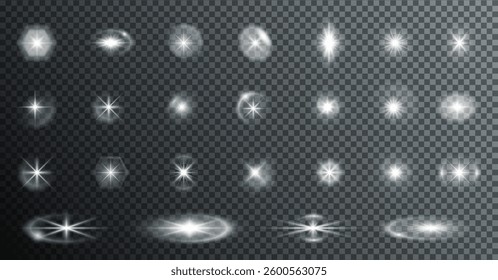 radiant light burst with sparkling effects, featuring glowing flares, lens explosions, glittering lines, sun flashes, and star sparks. A bright abstract lighting effect with a white glow.