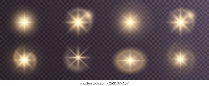 radiant light burst with sparkling effects, featuring glowing flares, lens explosions, glittering lines, sun flashes, and star sparks. A bright abstract lighting effect with a gold glow.