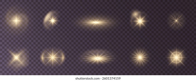 radiant light burst with sparkling effects, featuring glowing flares, lens explosions, glittering lines, sun flashes, and star sparks. A bright abstract lighting effect with a gold glow.