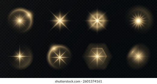 radiant light burst with sparkling effects, featuring glowing flares, lens explosions, glittering lines, sun flashes, and star sparks. A bright abstract lighting effect with a gold glow.