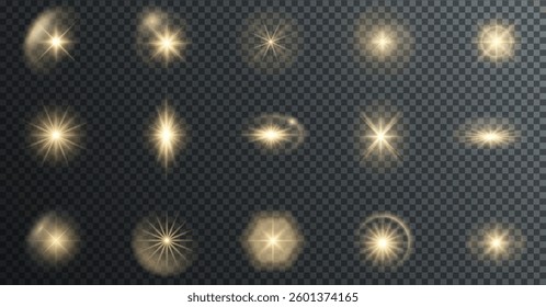 radiant light burst with sparkling effects, featuring glowing flares, lens explosions, glittering lines, sun flashes, and star sparks. A bright abstract lighting effect with a gold glow.