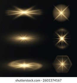 radiant light burst with sparkling effects, featuring glowing flares, lens explosions, glittering lines, sun flashes, and star sparks. A bright abstract lighting effect with a gold glow.