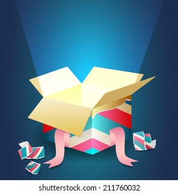 Radiant light coming out from an open gift box, wrapped in patterned paper and decorated with a pink ribbon