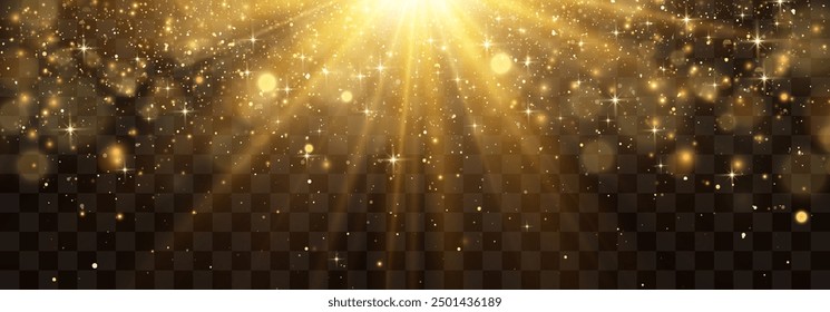Radiant light effect with magical dust particles. Brilliant sun with a shimmering glow. Transparent vector sunlight with floating light particles. PNG light. Christmas vector illustration