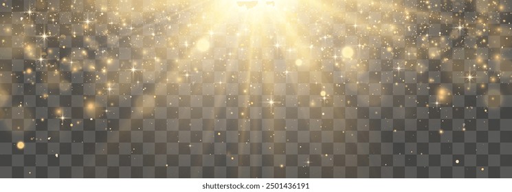 Radiant light effect with magical dust particles. Brilliant sun with a shimmering glow. Transparent vector sunlight with floating light particles. PNG light. Christmas vector illustration