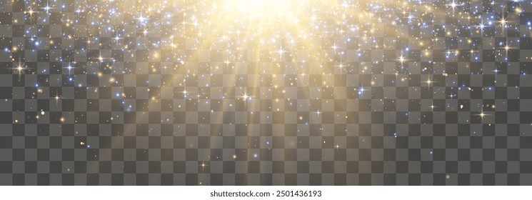 Radiant light effect with magical dust particles. Brilliant sun with a shimmering glow. Transparent vector sunlight with floating light particles. PNG light. Christmas vector illustration