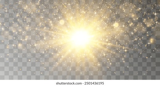 Radiant light effect with magical dust particles. Brilliant sun with a shimmering glow. Transparent vector sunlight with floating light particles. PNG light. Christmas vector illustration