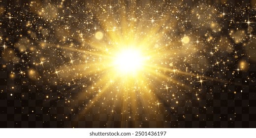 Radiant light effect with magical dust particles. Brilliant sun with a shimmering glow. Transparent vector sunlight with floating light particles. PNG light. Christmas vector illustration