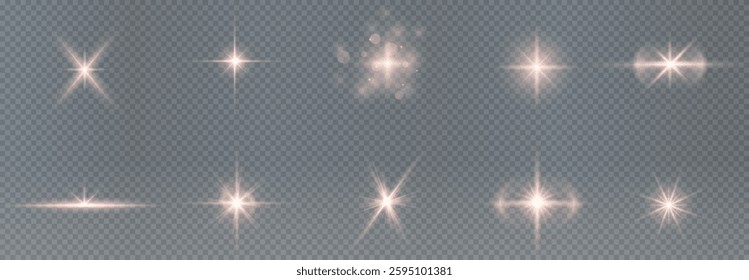 radiant light flare effect with glowing beams, sparkles, and a magical burst. Perfect for transparent backgrounds, festive designs, laser graphics, and illuminated abstract elements. Vector illustra