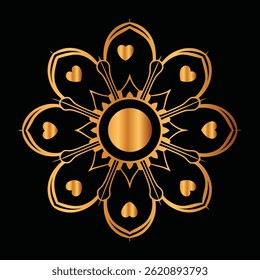 A radiant mandala featuring golden heart motifs and intricate symmetrical patterns on a black background.