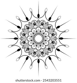  Mandala radiante com motivo pétala floral para colorir páginas, arte de atenção, design de tatuagem, impressões decorativas, símbolo de meditação, decoração Boho e Zen, 
Arte Mandala Espiritual
