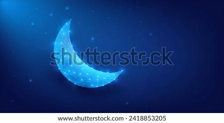 A radiant, polygonal crescent moon illuminates a deep blue star-filled digital sky, symbolizing technology and dreams. Ramadan Kareem background. Crescent Low poly style design.  Isolated vector 