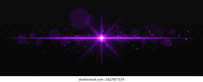 Radiant purple burst with glowing star flare and soft bokeh particles on transparent dark background. Perfect for light effects, overlays, and design highlights