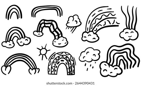 Radiant rainbow doodle set. Cute hand drawn vector illustration of colorful sketch rainbows. Fun decorative elements for kids, pride, nursery, or playful design themes.