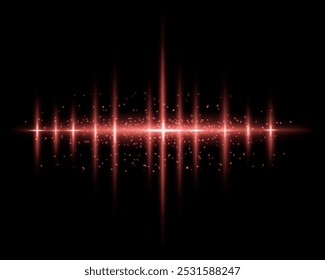 Radiant red glowing light with sparkling particles and beams. Glittering particles of fairy dust. Magic concept. Highlight reflection. Abstract festive Christmas background. Space background.