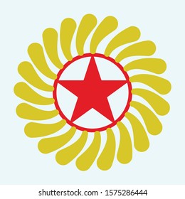 Radiant red star with circle and yellow beams around