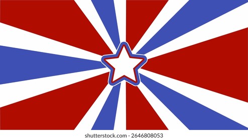 Radiant red, white, and blue rays with a central starburst, evoking patriotic celebration and national pride in a bold graphic style.