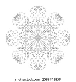 Radiant Rose Mandala coloring book page for Kids. Easy Mandala Coloring Book Pages for Adults to Relax, Experiences Give Relief. Resizeable Vector File