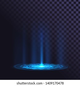 Radiant round element on the floor, futuristic pedestal, laser