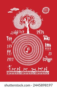 Radiant Rural Bliss: Warli Art Celebrating Indian Village Happiness. Whimsical Countryside Charm: Warli Art Portraying Rural Joy. Warli Art Happiness, Rural Life Illustration.