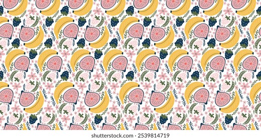 Radiant seamless pattern featuring bananas, figs, blackberries, white strawberries, pink flowers, and green leaves. Rendered in a contemporary, organic vector style with flat colors, emanating a