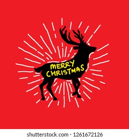 A radiant silhouette of a reindeer with the message: Merry Christmas. Hand drawn vector illustration.