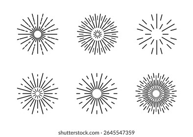 Radiant simple Fireworks set. Festival black holiday Sparks for banner, poster, flyer, greeting card. Explosion decorative elements for new year birthday. Round Burst. Sun rays