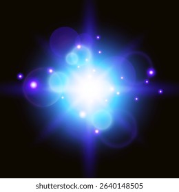 Radiant Star Explosion with Lens Flare and Bokeh. Blue color. Vector illustration.	